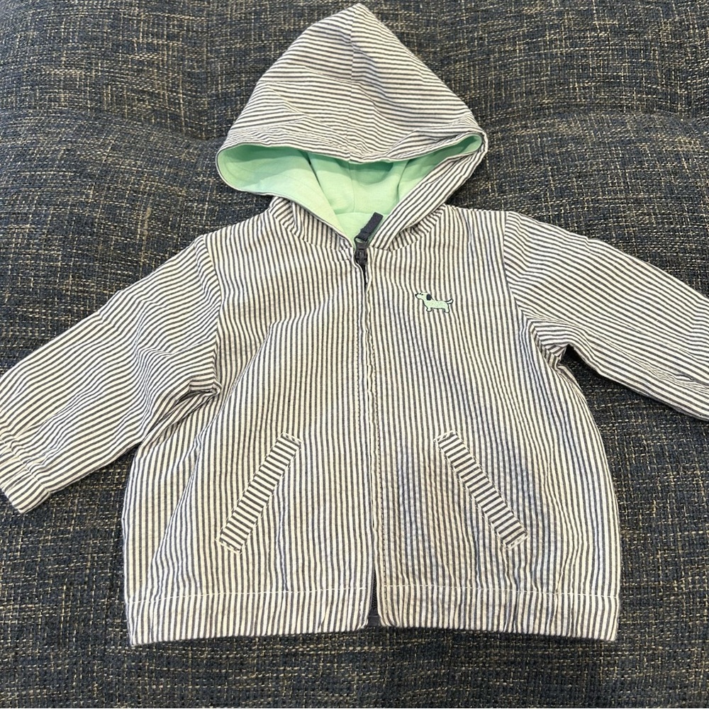 Little Me Striped Seersucker Cotton Hooded Full Zip Jacket White Blue